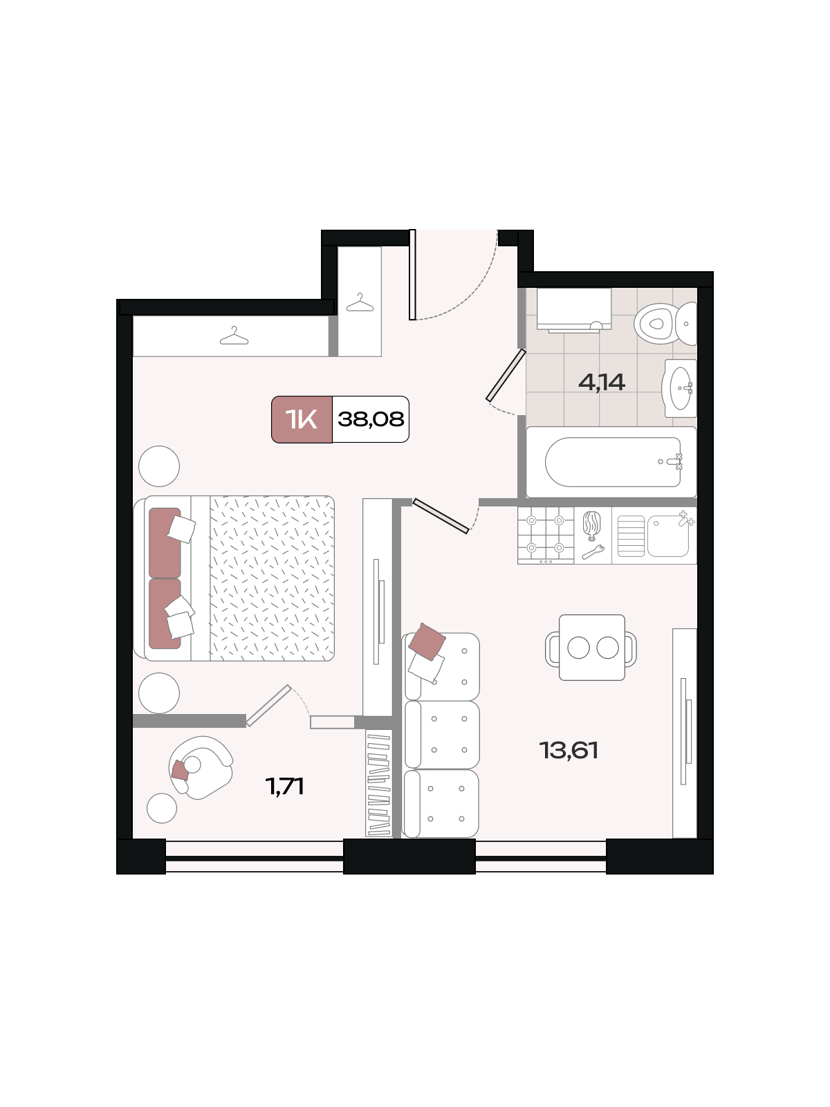 Планировка 1-комнатная 38,08 м²