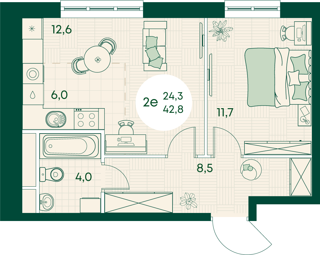 Планировка 2-комнатная 42,8 м²