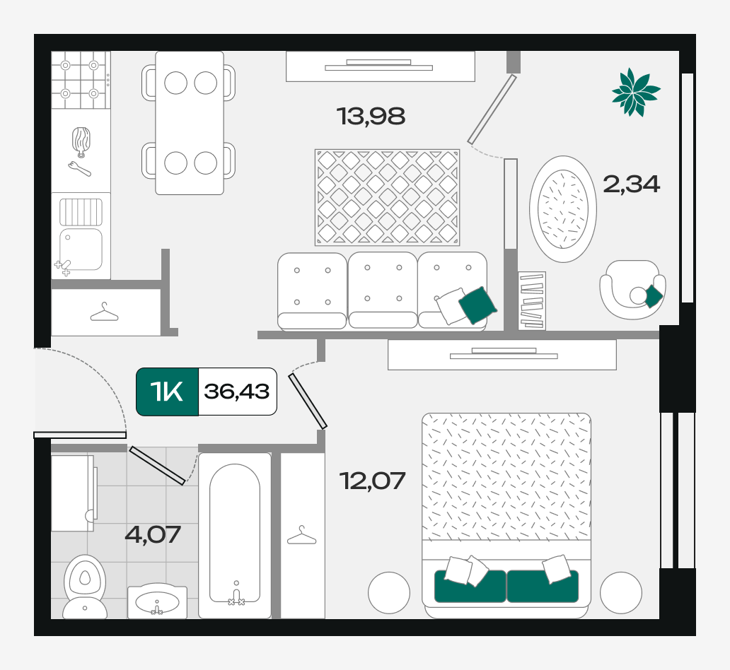 Планировка: 1-комн. квартира 36,4 м²