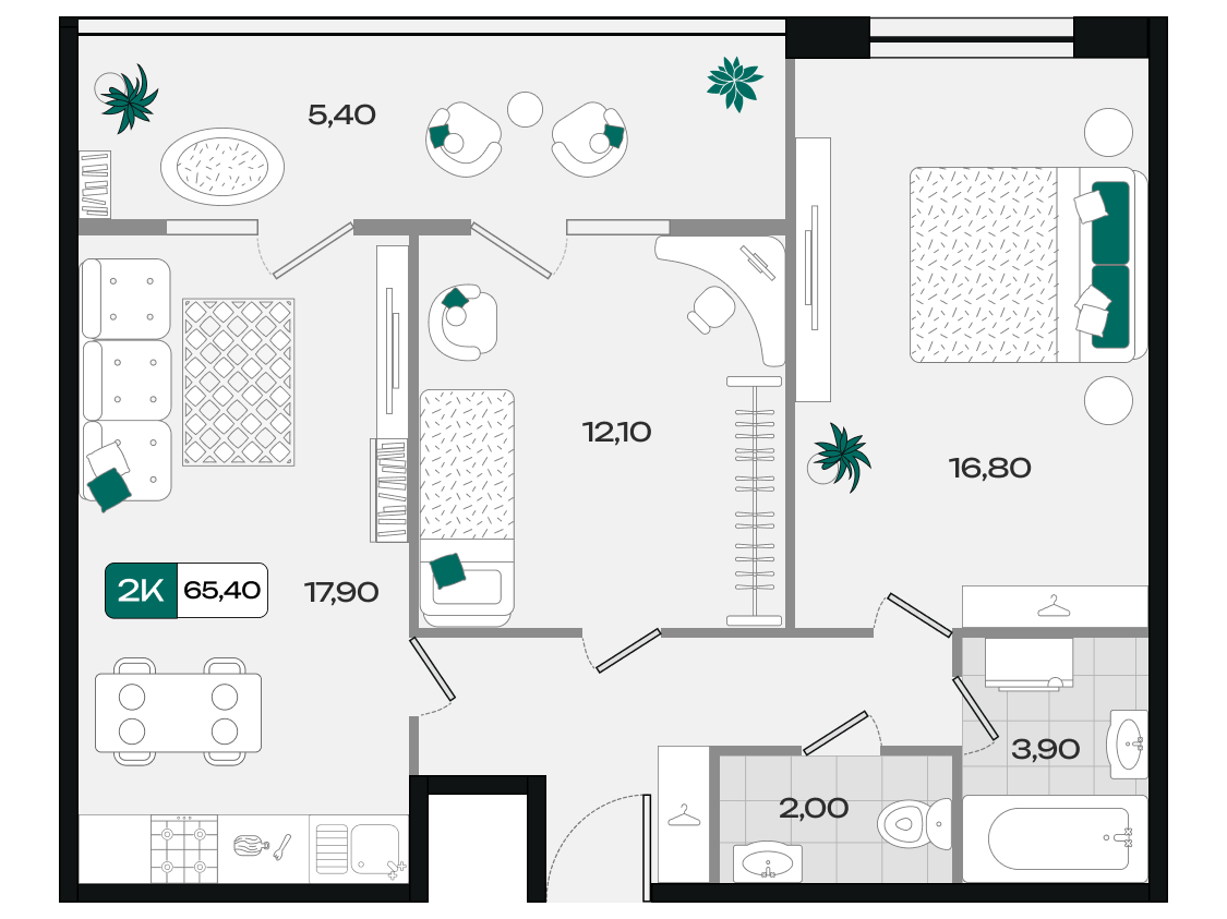 Планировка: 2-комн. квартира 65,4 м²