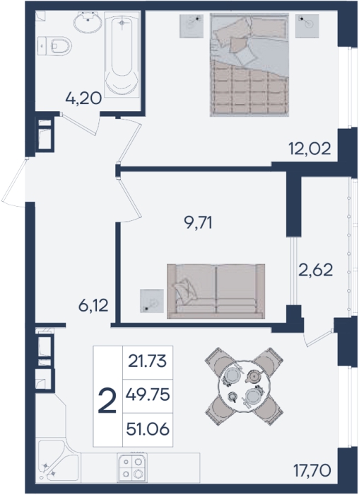 Планировка: 2-комн. квартира 51,1 м²