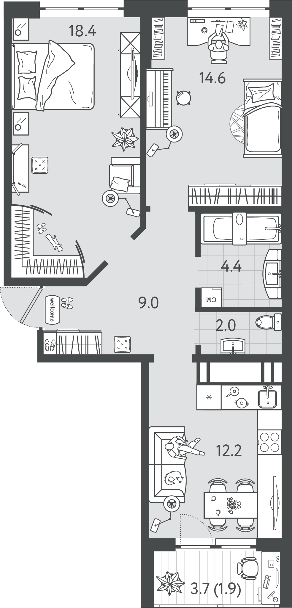 Планировка: 2-комн. квартира 62,8 м²