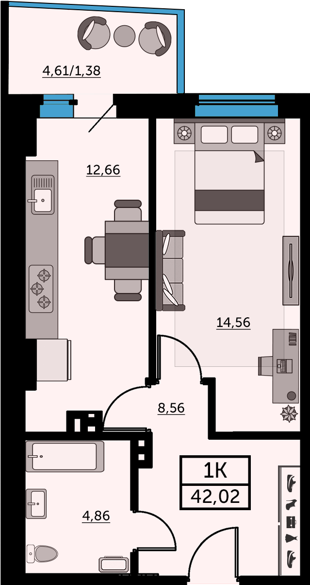 Планировка 1-комнатная 41,4 м²