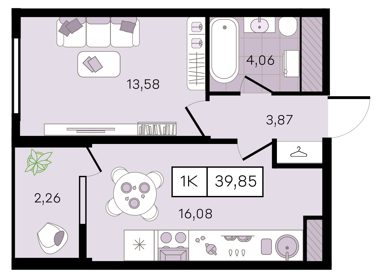 Планировка 1-комнатная 39,85 м²