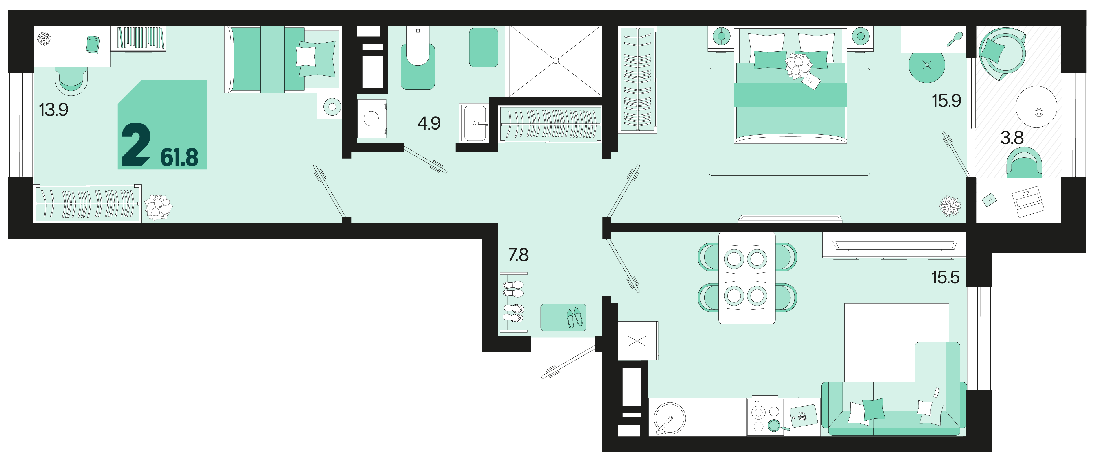 Планировка 2-комнатная 61,8 м²