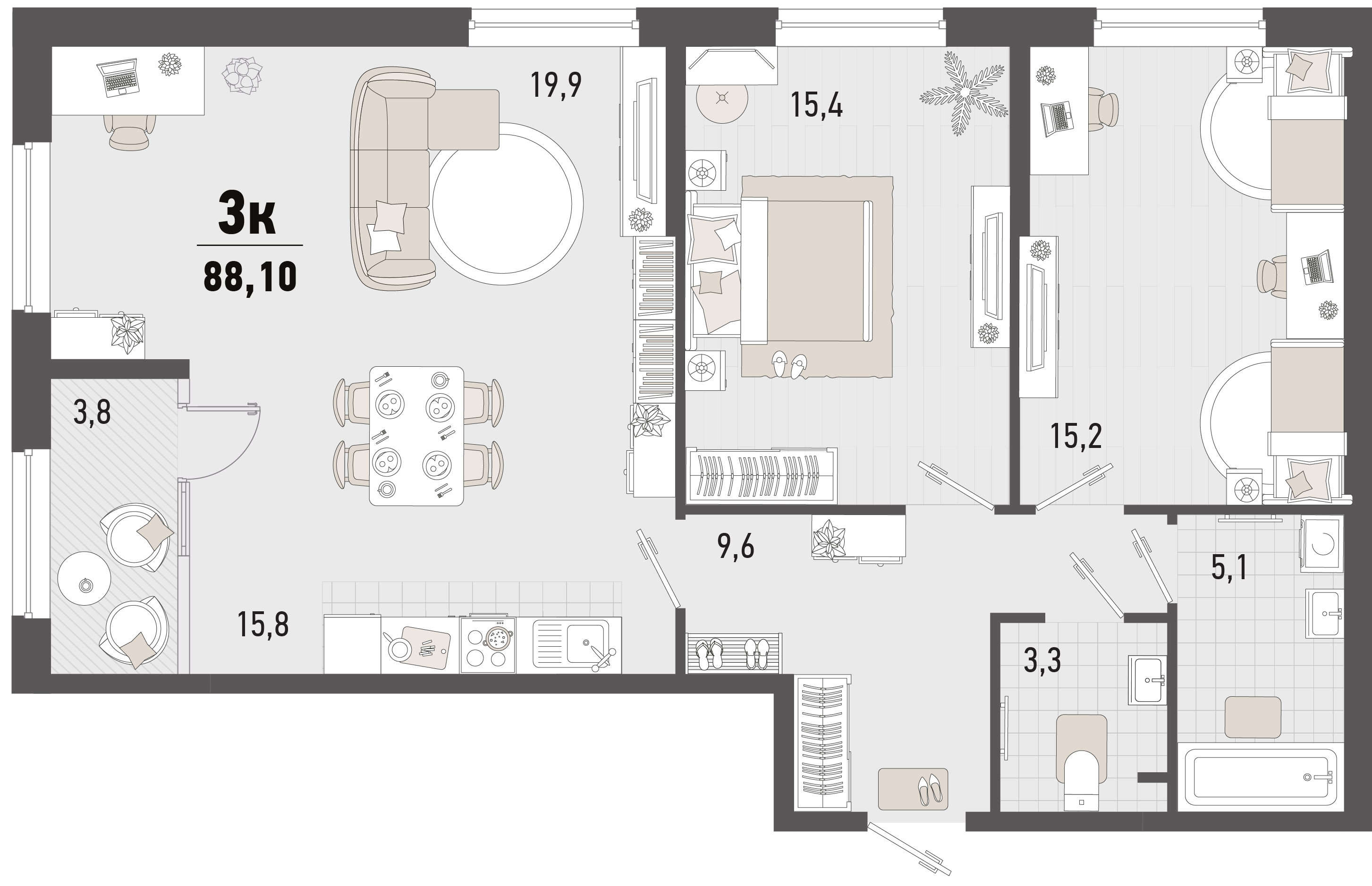 Планировка 3-комнатная 88,1 м²