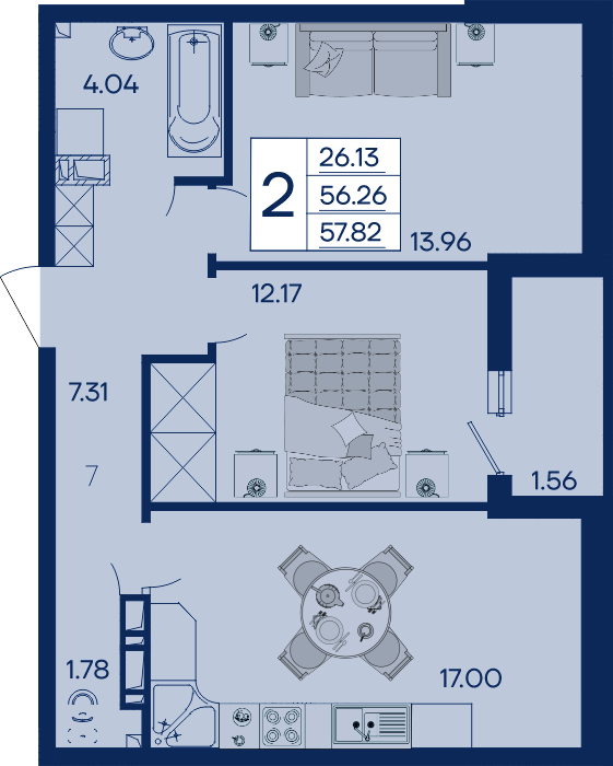 Планировка: 2-комн. квартира 57,8 м²