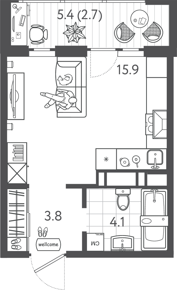 Планировка Студия 26,15 м²