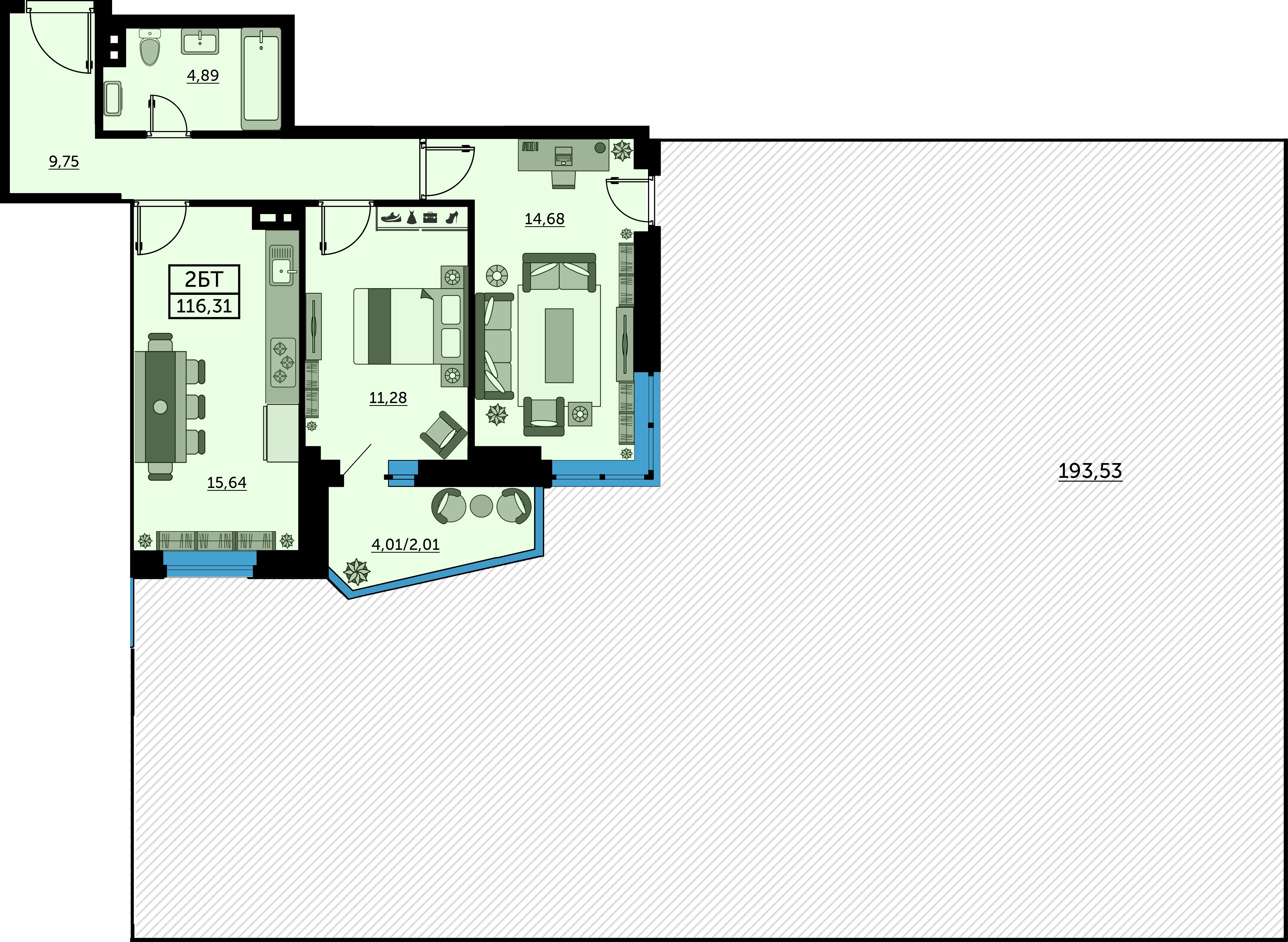 Планировка 2-комнатная 116,6 м²