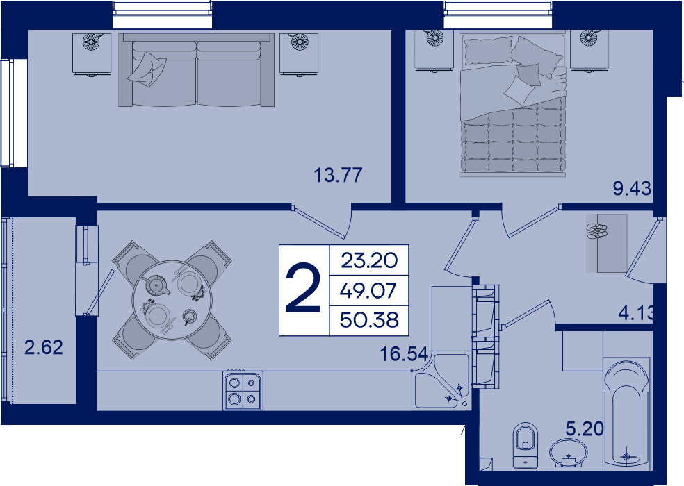 Планировка 2-комнатная 50,38 м²