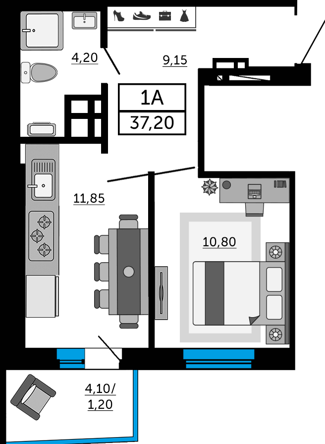 Планировка 1-комнатная 36,85 м²