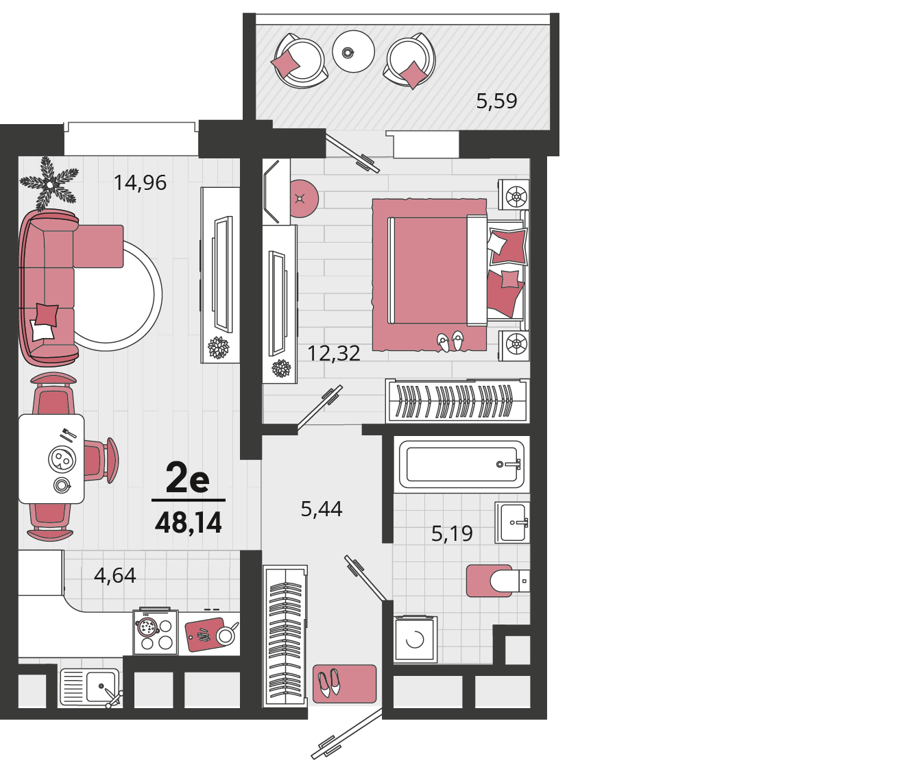 Планировка 2-комнатная 48,14 м²