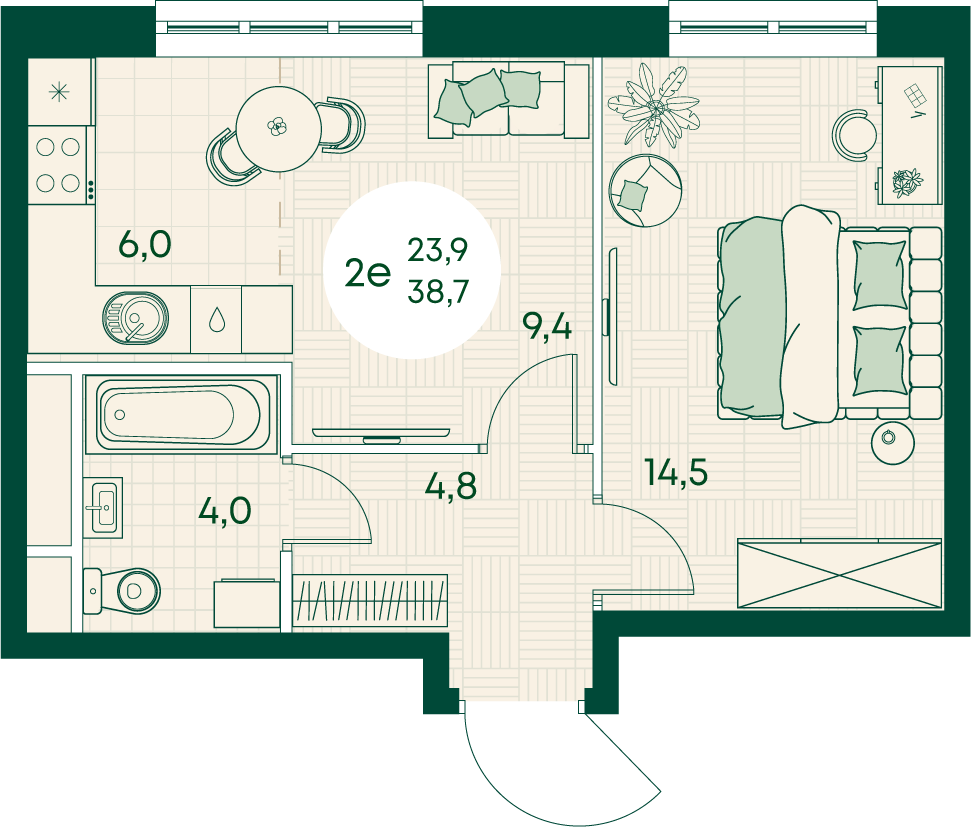 Планировка 2-комнатная 38,7 м²