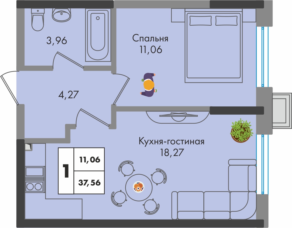 Планировка: 1-комн. квартира 37,6 м²
