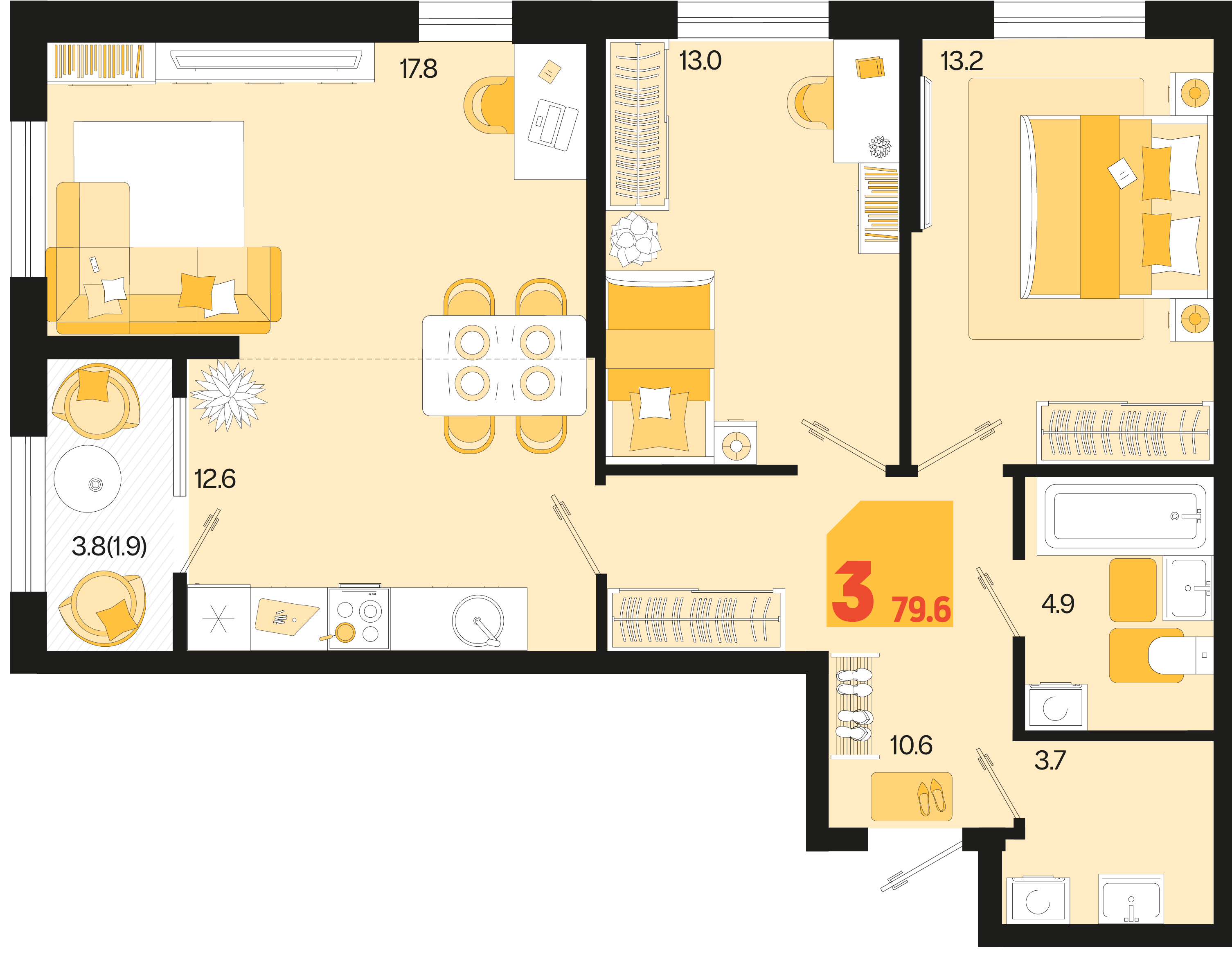 Планировка 3-комнатная 79,6 м²