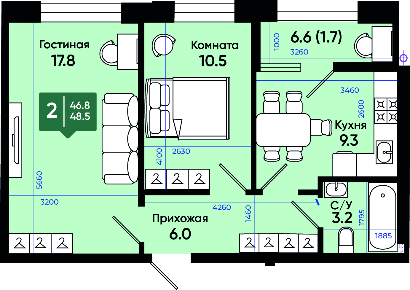 Планировка: 2-комн. квартира 48,9 м²