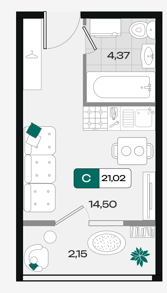 Планировка Студия 21,02 м²