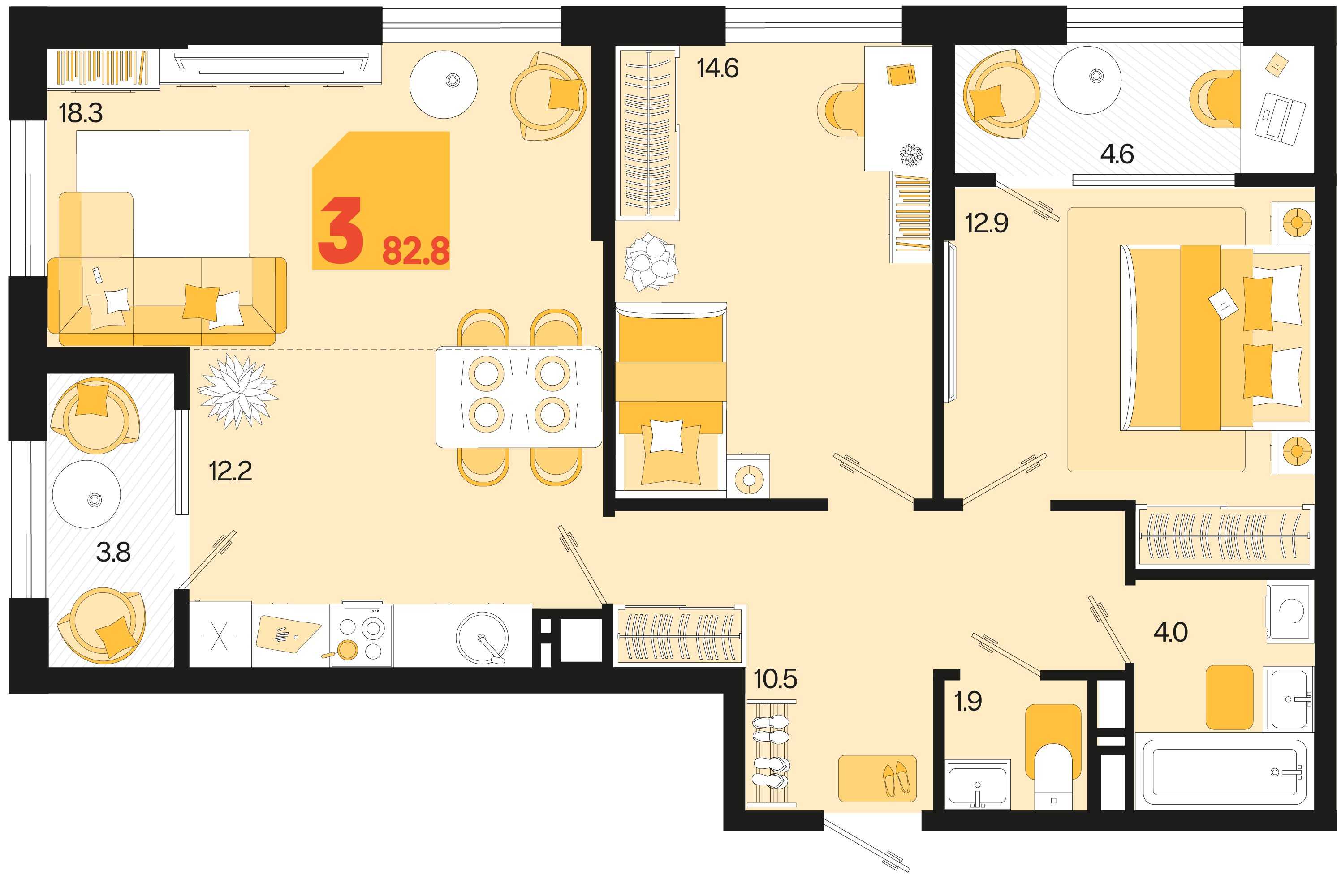 Планировка 3-комнатная 82,8 м²