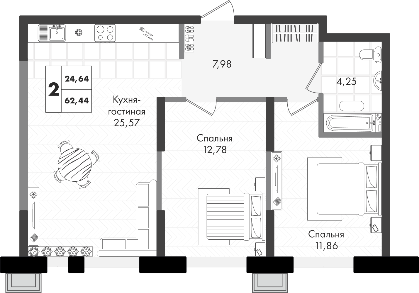 Планировка: 2-комн. квартира 62,4 м²