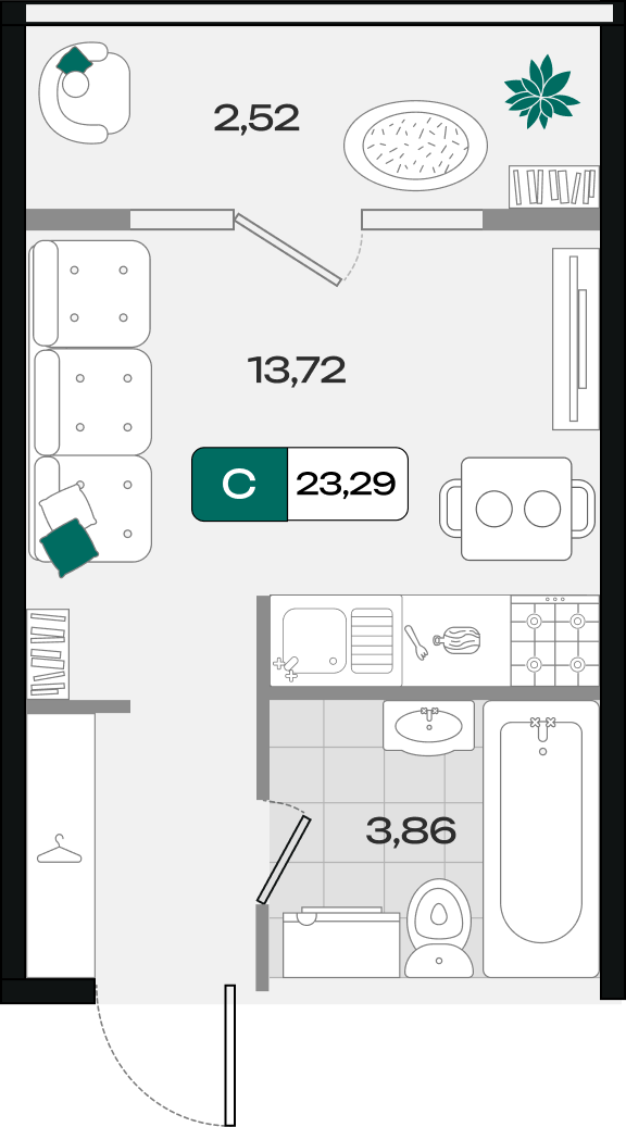 Планировка: Студия 23,3 м²