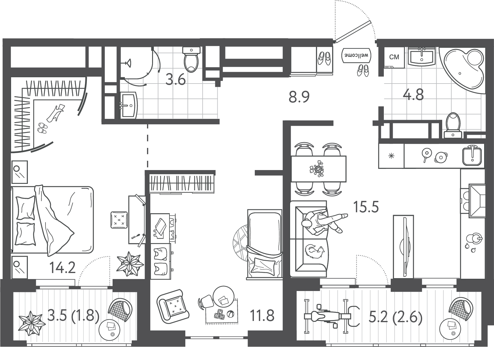Планировка: 2-комн. квартира 63 м²