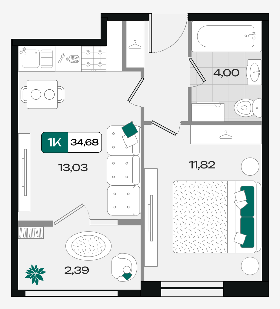Планировка: 1-комн. квартира 34,7 м²