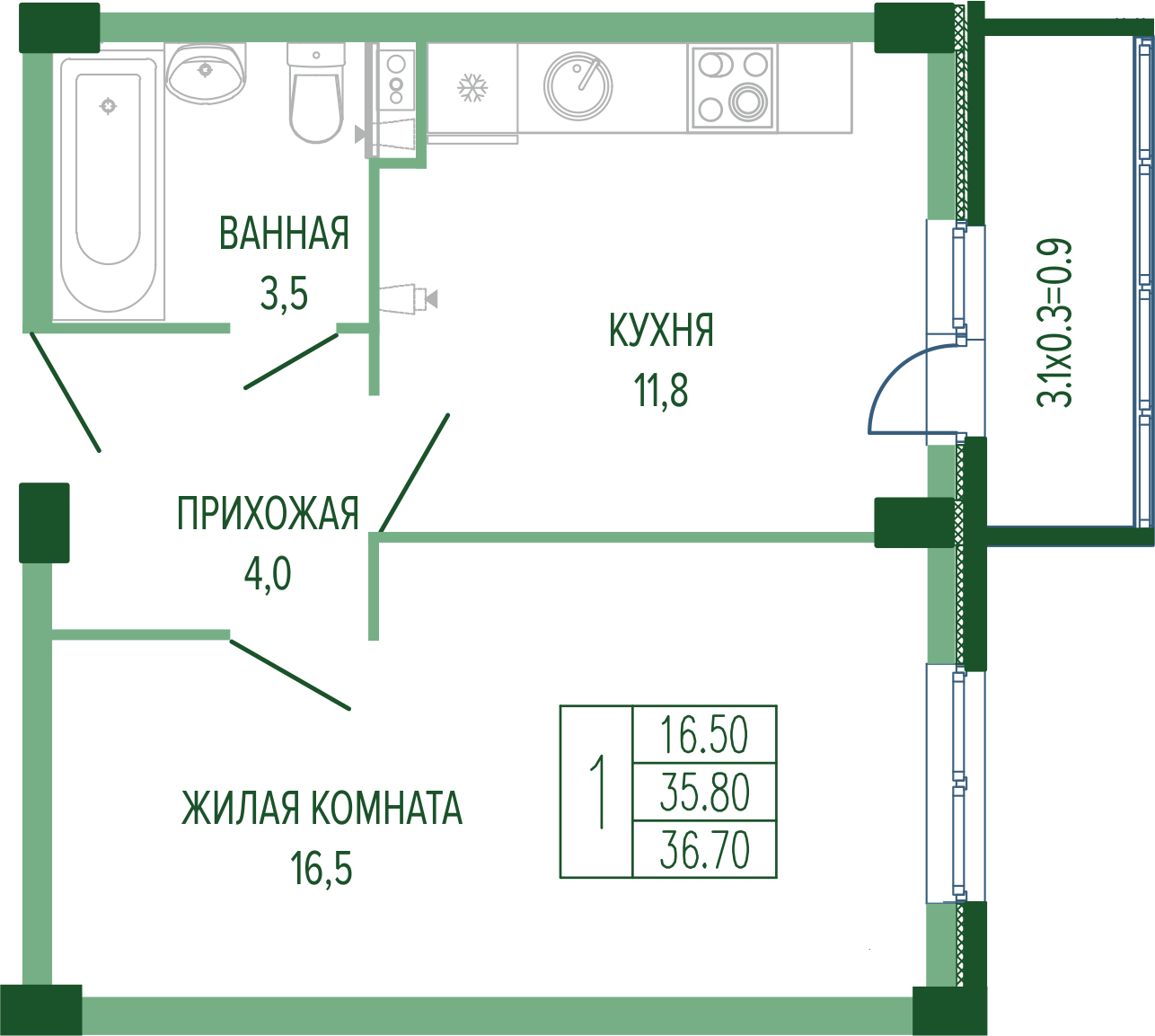 Планировка 1-комнатная 37,8 м²