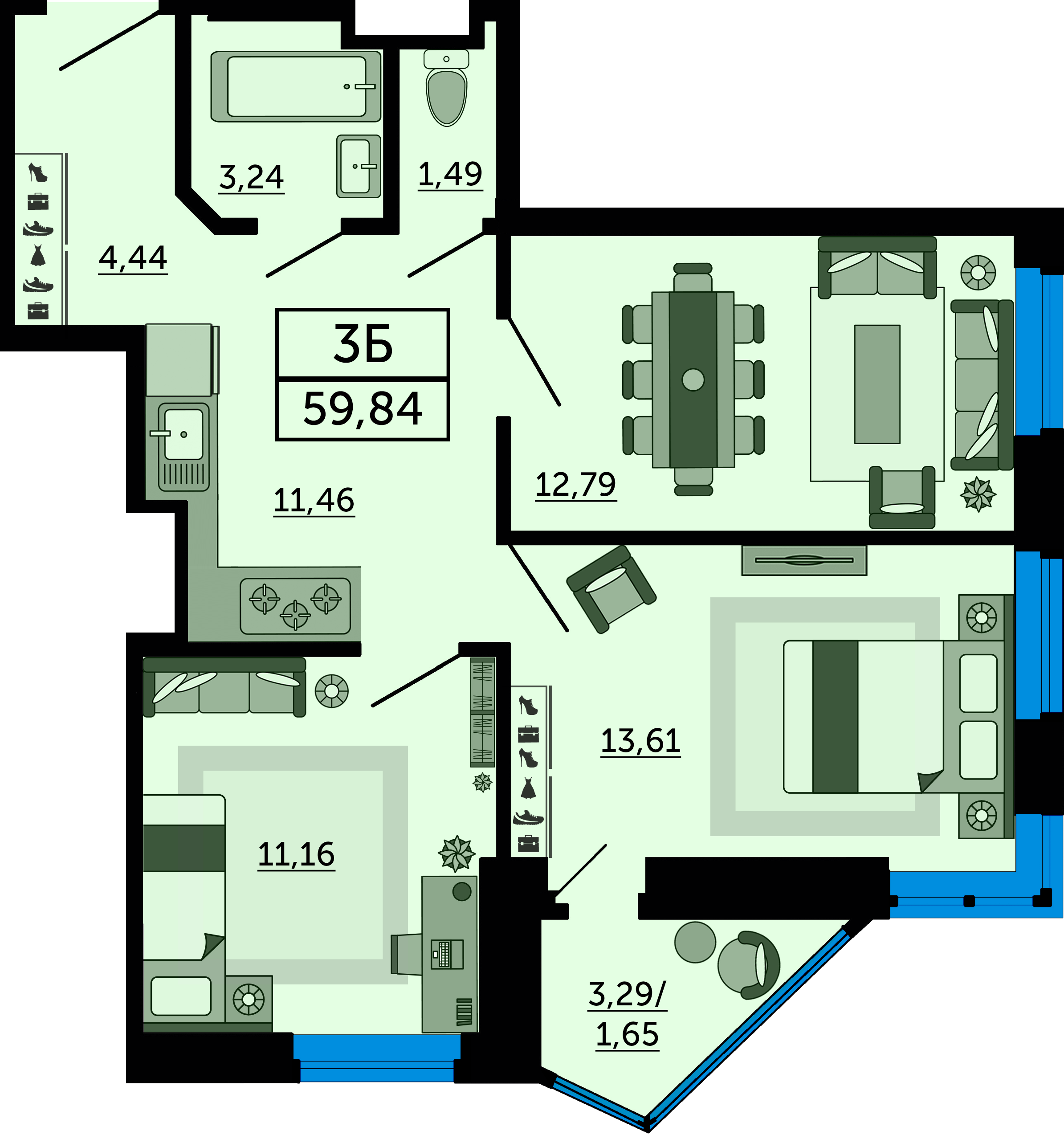Планировка 3-комнатная 59,84 м²