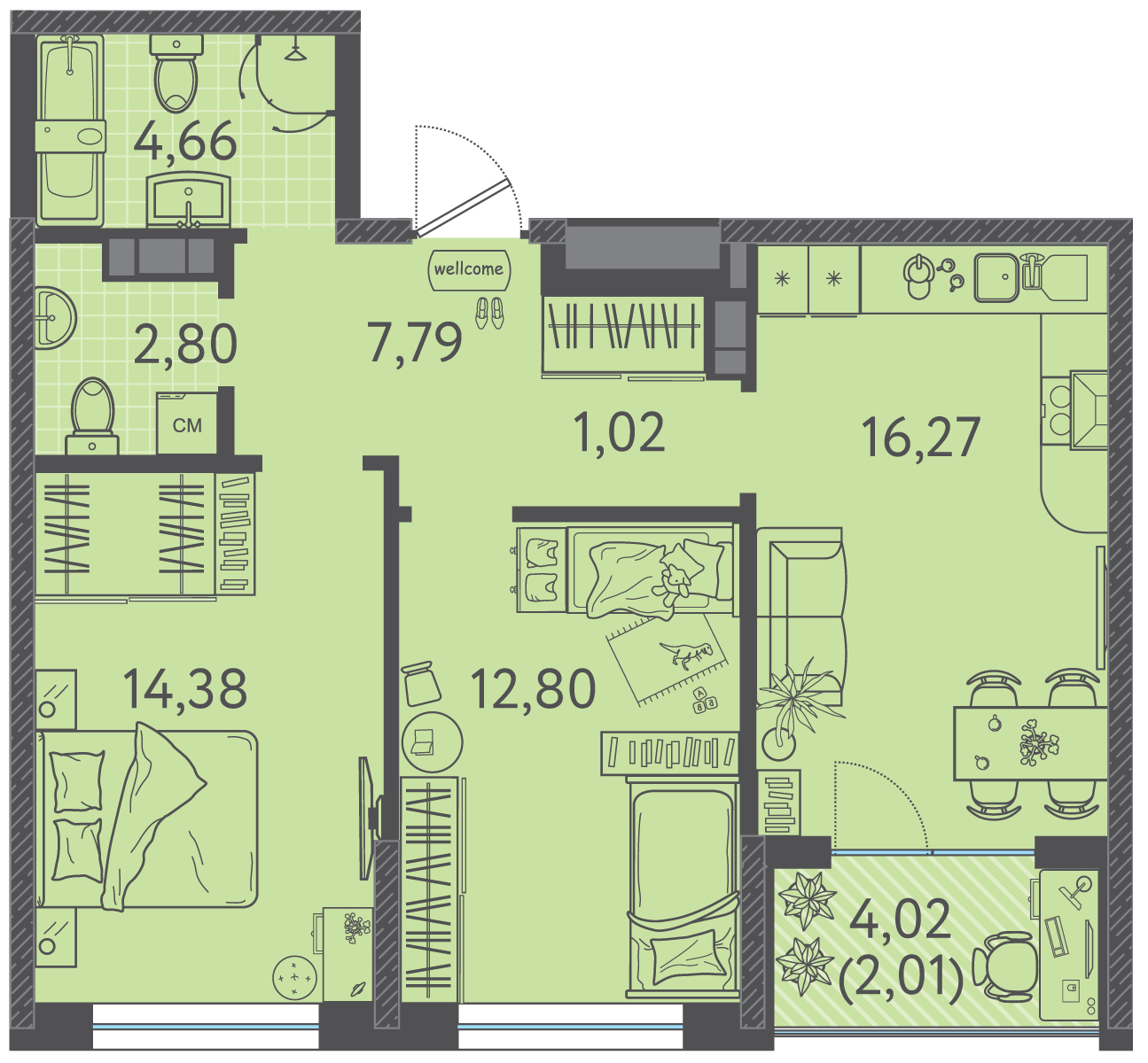 Планировка: 2-комн. квартира 61,3 м²