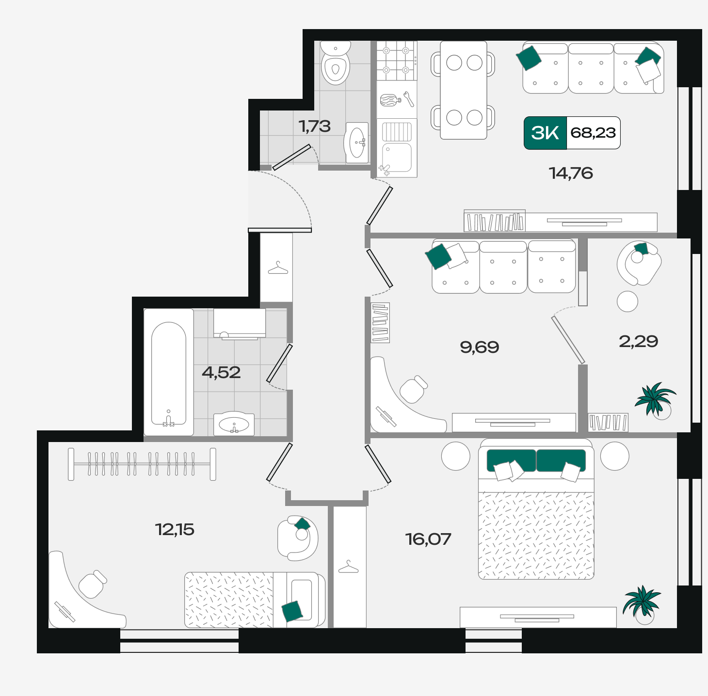 Планировка 3-комнатная 68,23 м²