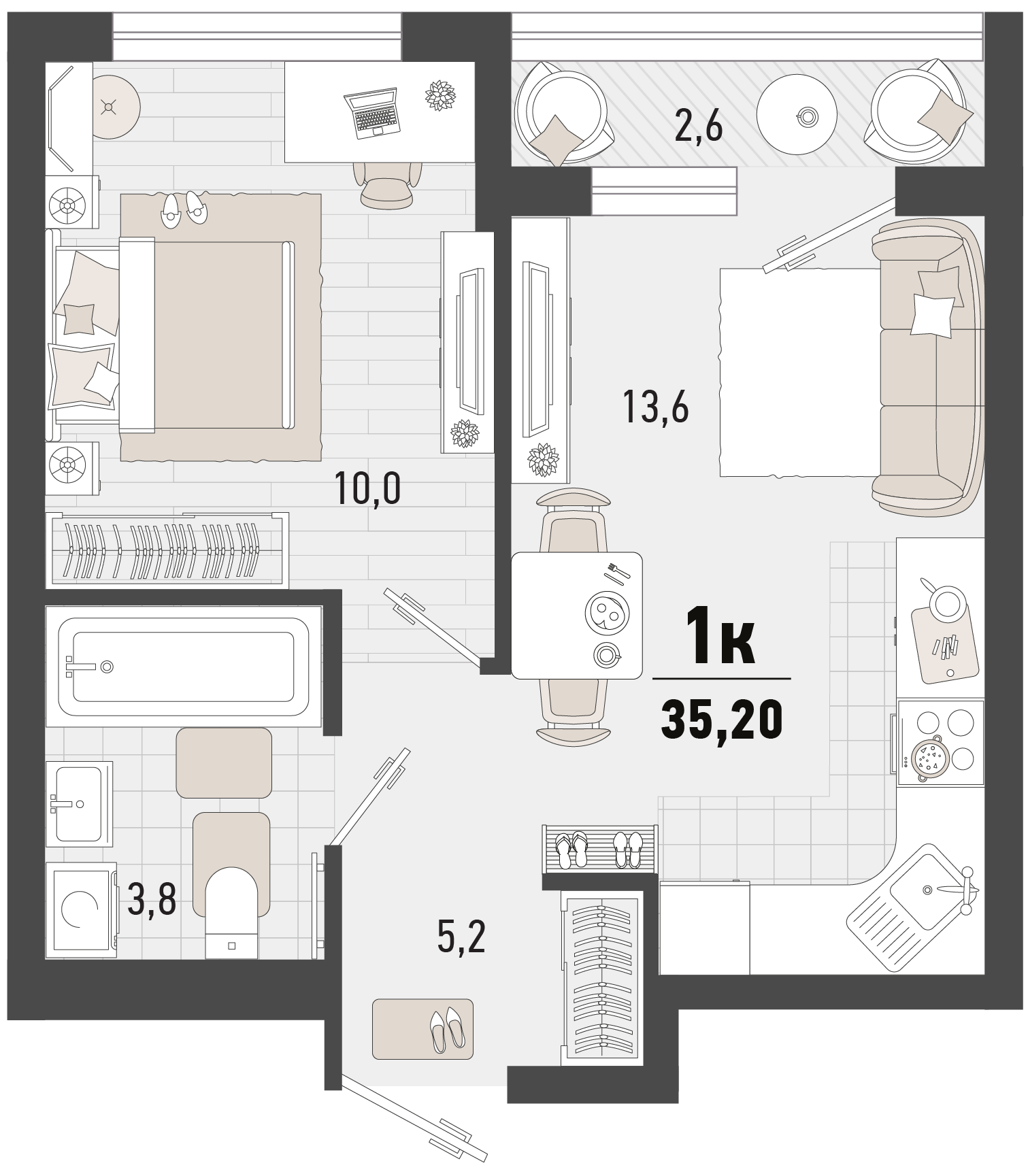 Планировка 1-комнатная 35,2 м²