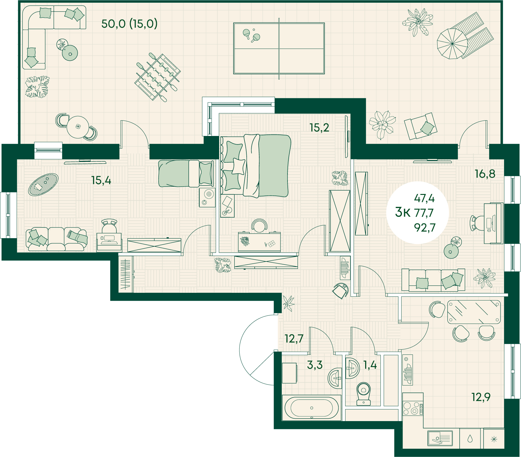 Планировка 3-комнатная 92,7 м²