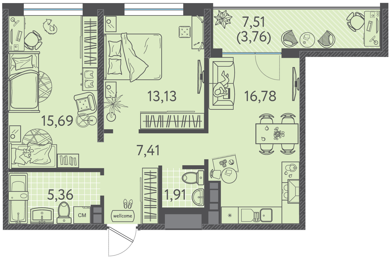 Планировка 2-комнатная 62,25 м²