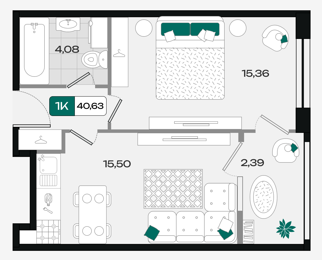 Планировка: 1-комн. квартира 40,6 м²