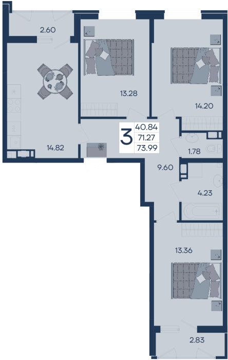 Планировка: 3-комн. квартира 74 м²