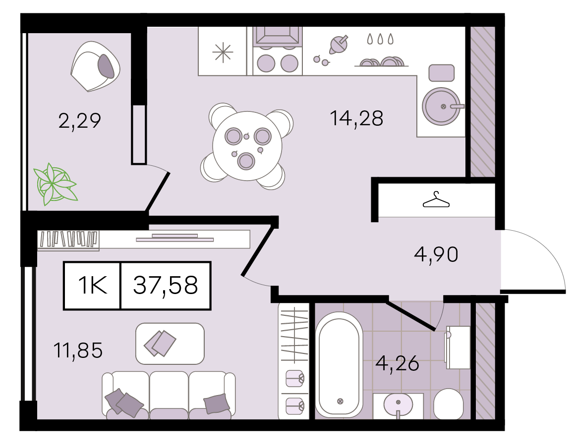 Планировка: 1-комн. квартира 37,6 м²