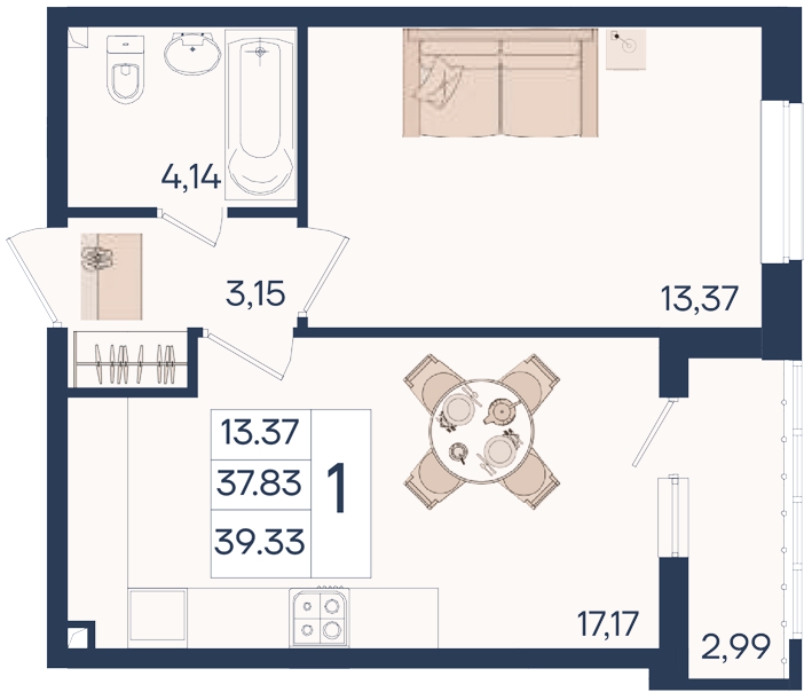 Планировка: 1-комн. квартира 39,3 м²