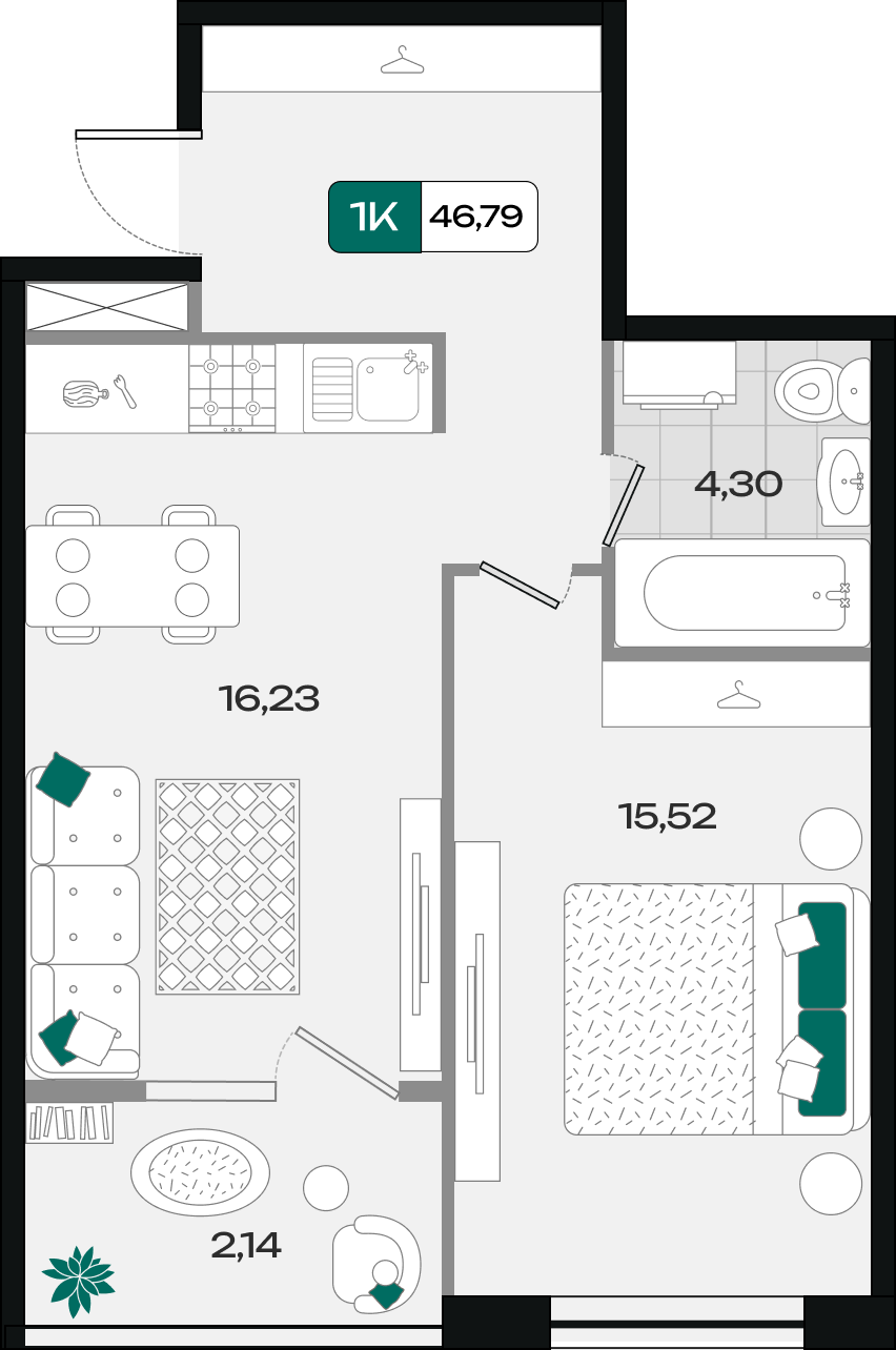 Планировка: 1-комн. квартира 46,8 м²