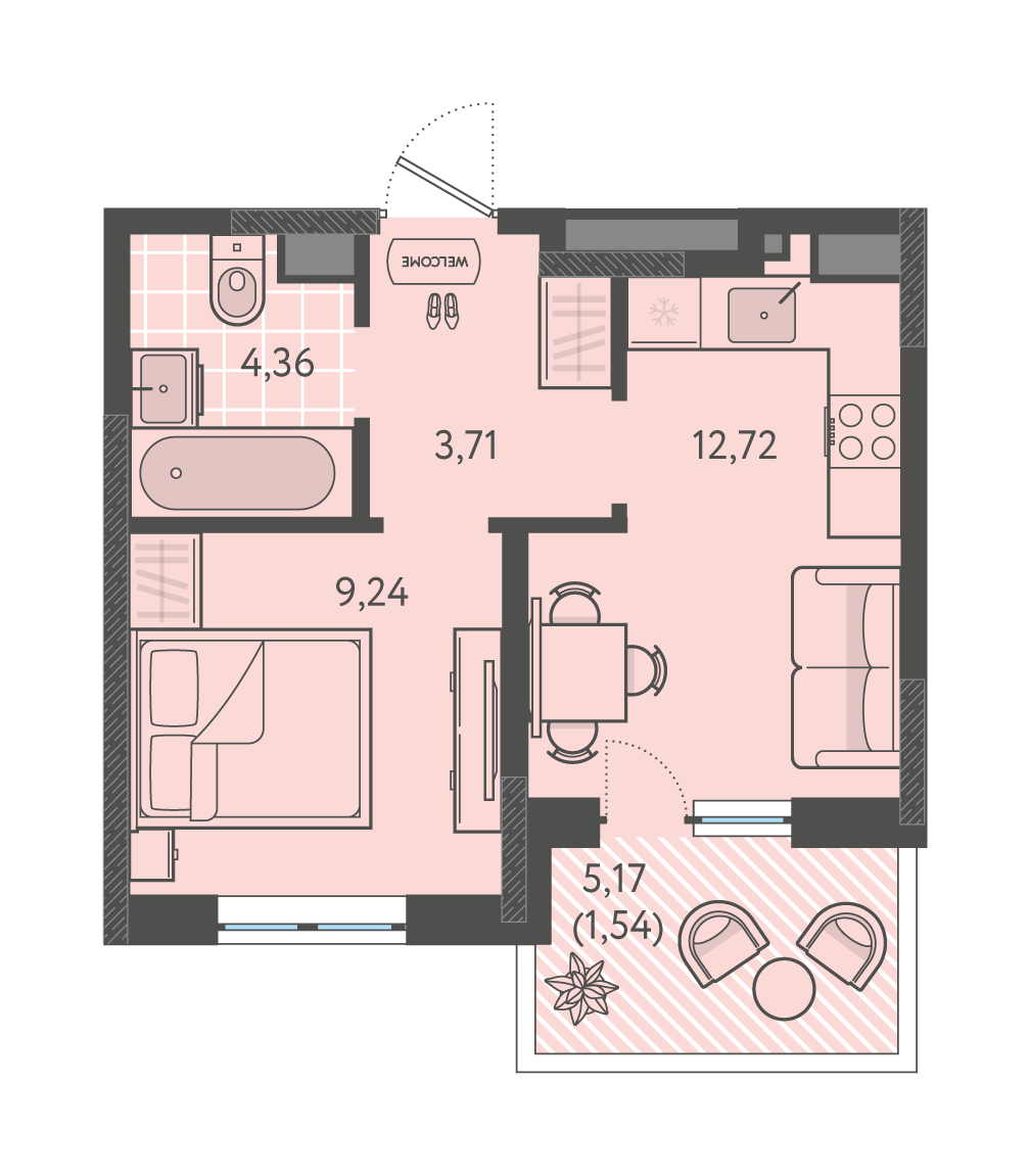 Планировка 1-комнатная 31,57 м²