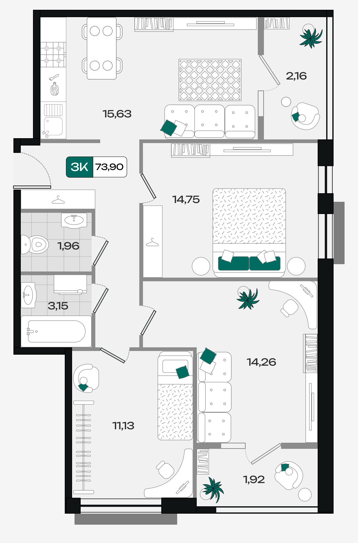 Планировка: 3-комн. квартира 73,9 м²