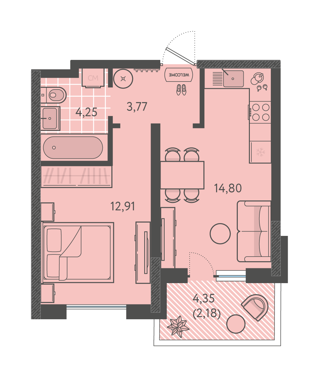 Планировка: 1-комн. квартира 37,9 м²