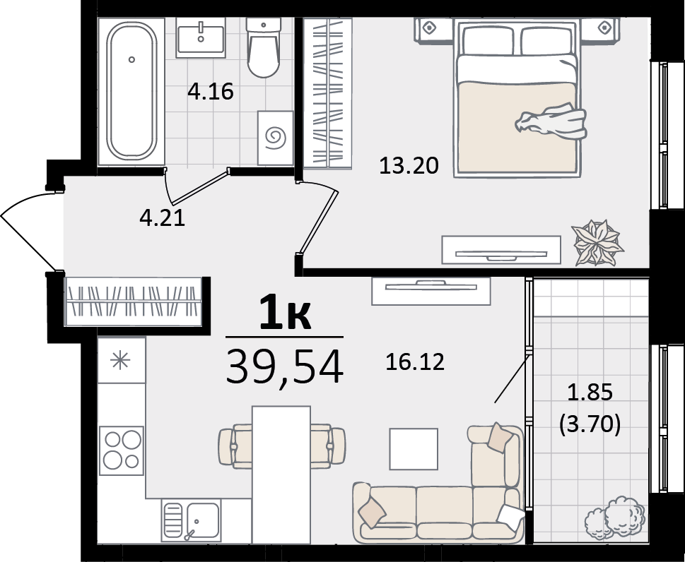 Планировка 1-комнатная 39,54 м²