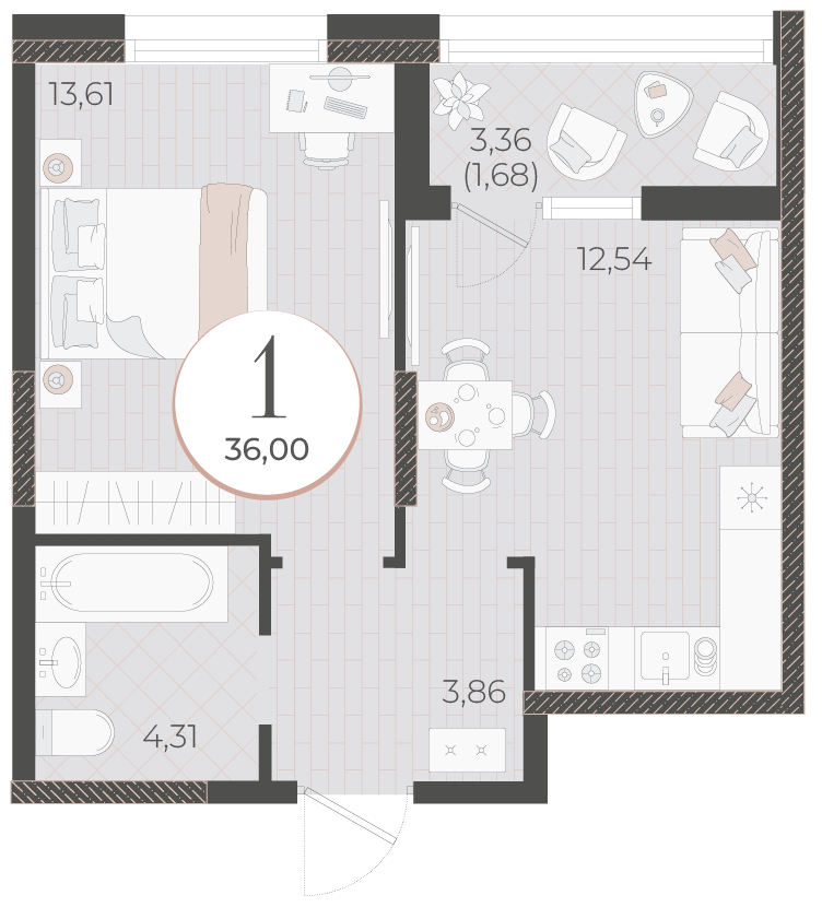 Планировка 1-комнатная 36 м²
