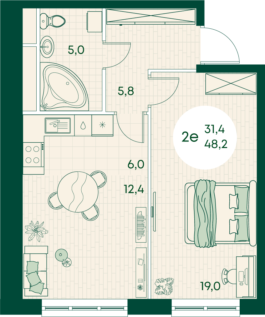 Планировка 2-комнатная 48,2 м²