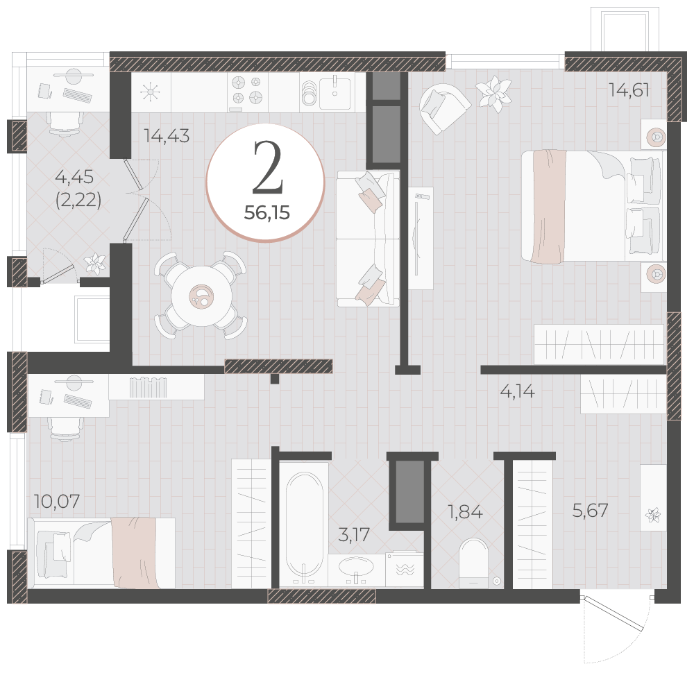 Планировка 2-комнатная 56,15 м²