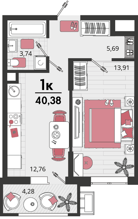 Планировка 1-комнатная 40,38 м²