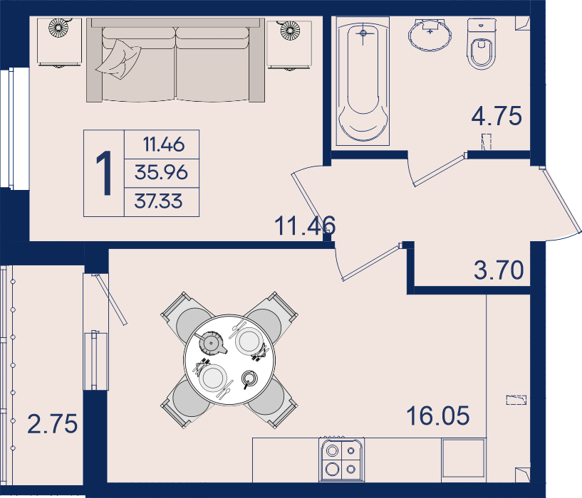 Планировка: 1-комн. квартира 37,3 м²