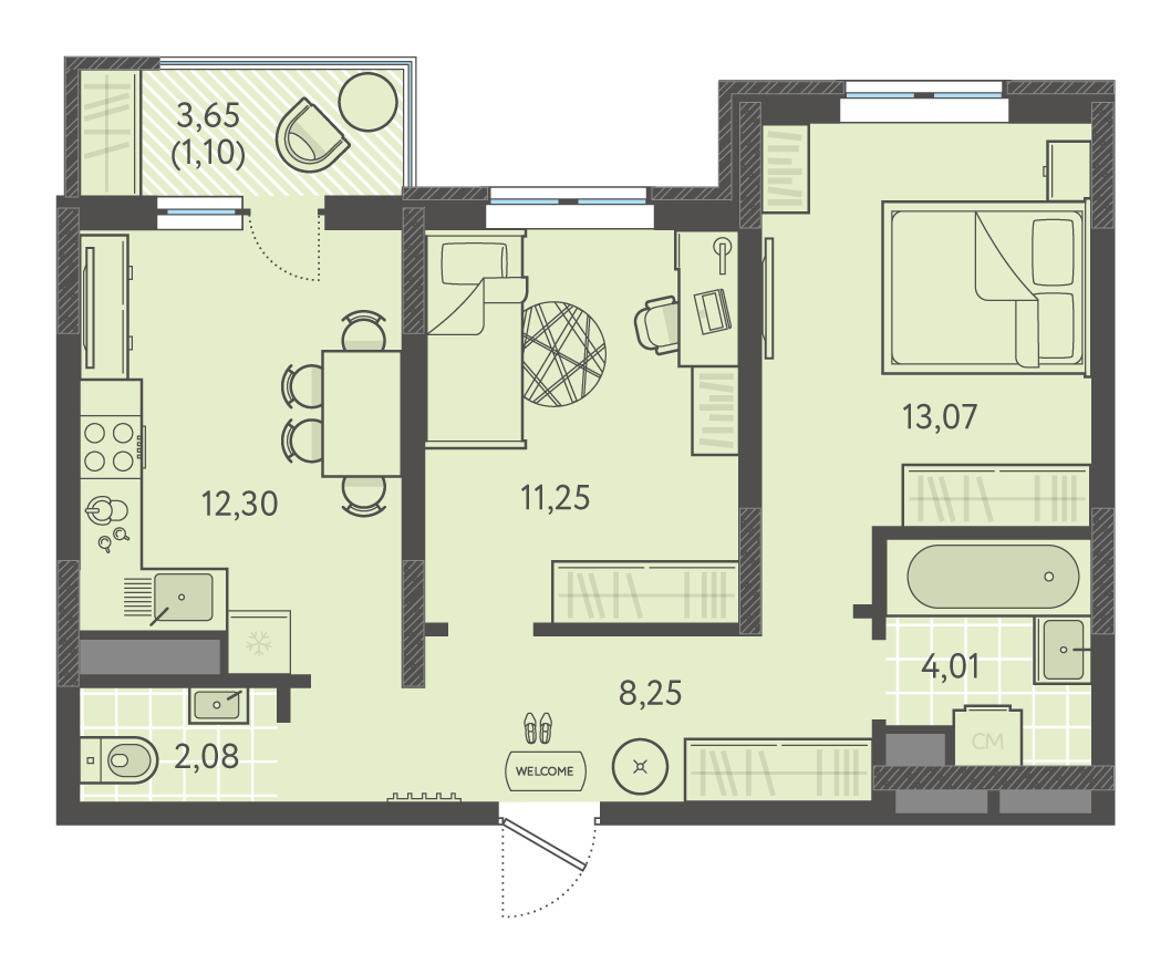 Планировка 2-комнатная 51,74 м²