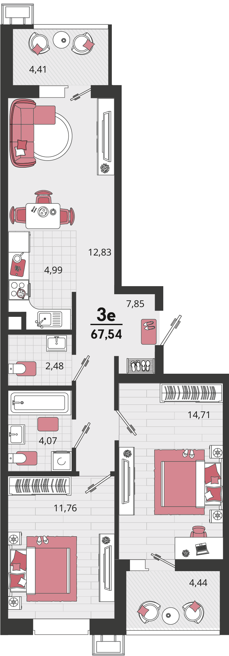 Планировка 3-комнатная 67,54 м²