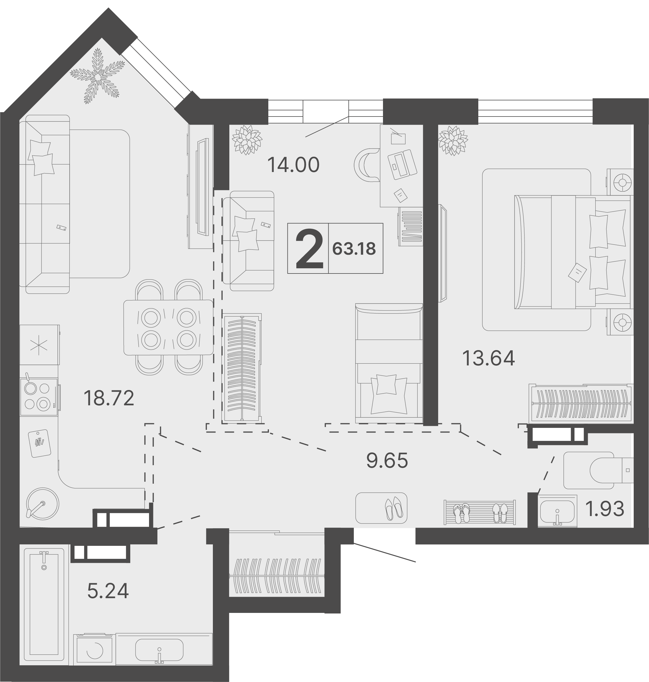 Планировка 2-комнатная 63,18 м²